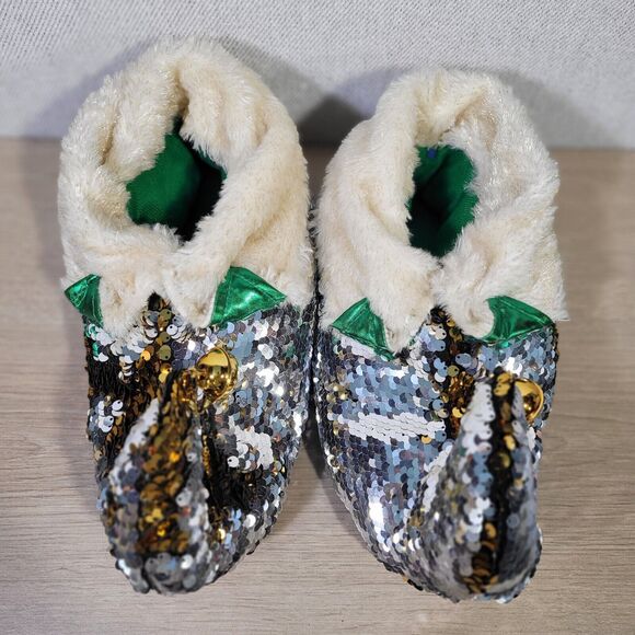 Dan Dee ELF Slippers Fuzzy Gold Silver 2018 Christmas Sequin Men Women L/XL 9-11 - Picture 2 of 14